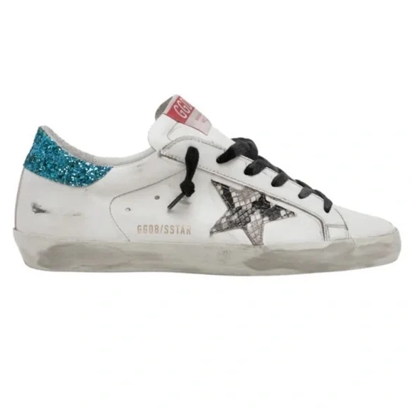Golden Goose Super-Star Python Sneakers Blue Glitter Heel - Size 38 - Picture 1 of 14